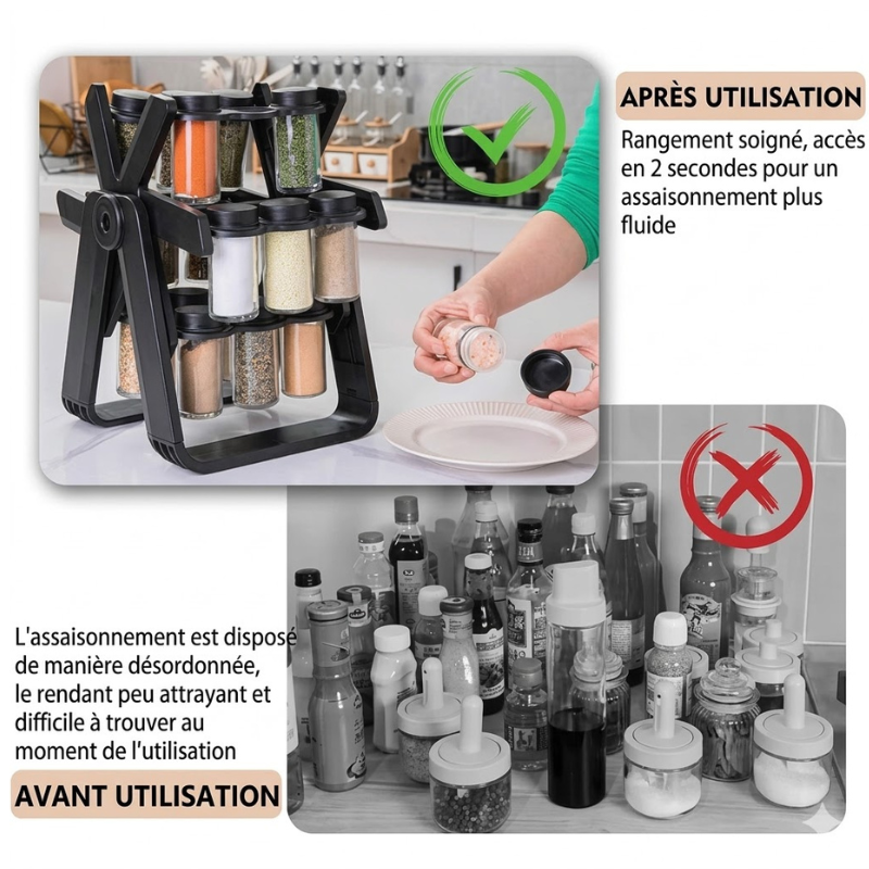 Support à épices rotatif 360° avec 18 bocaux en verre