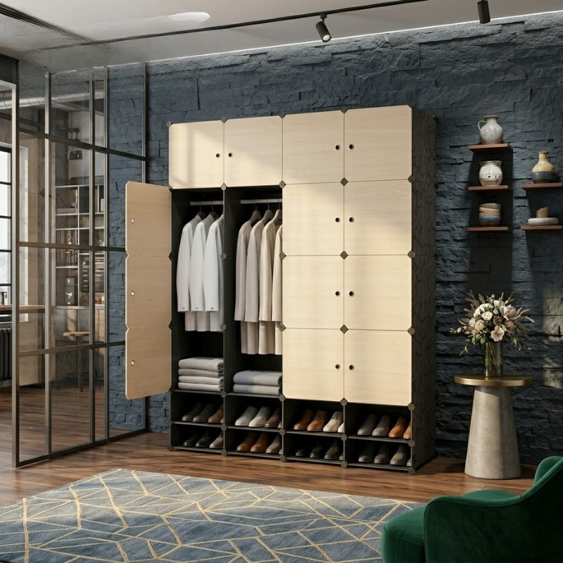 Armoire 4 battants + étagères chaussures