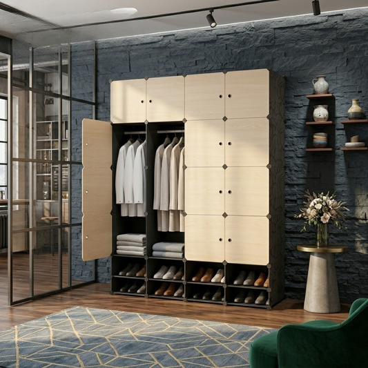 Armoire 4 battants + étagères chaussures
