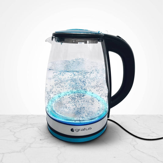 Bouilloire électrique en verre Gratus 1,8 L – Verre borosilicate thermo-résistant, 1500–1800W, base sans fil, éclairage LED, arrêt automatique, garantie 2 ans